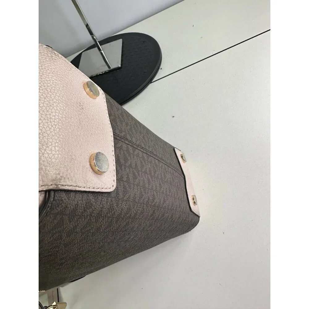 Michael Kors Mercer Medium Duffel Satchel Light Pink Stripe Leather Bag